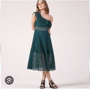 Sandro Paris Green Lace One Shoulder Midi Dress L